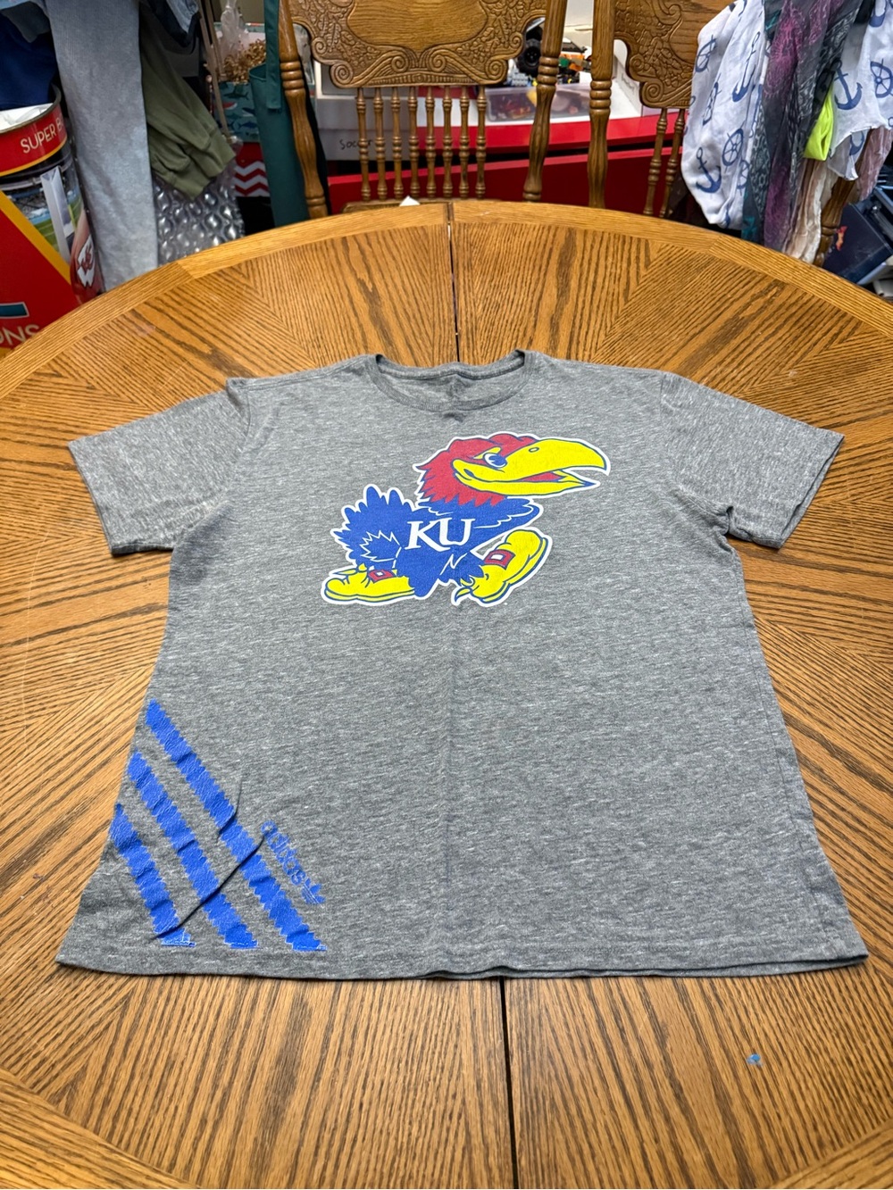 adidas Gray KU Jayhawk Short Sleeve Tee with Blue Accent